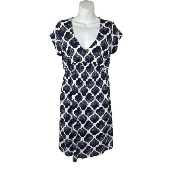 Boden White Blue Spades Print Dress 6P Petite Smocked Empire‎ Waist V-Neck - Picture 1 of 7